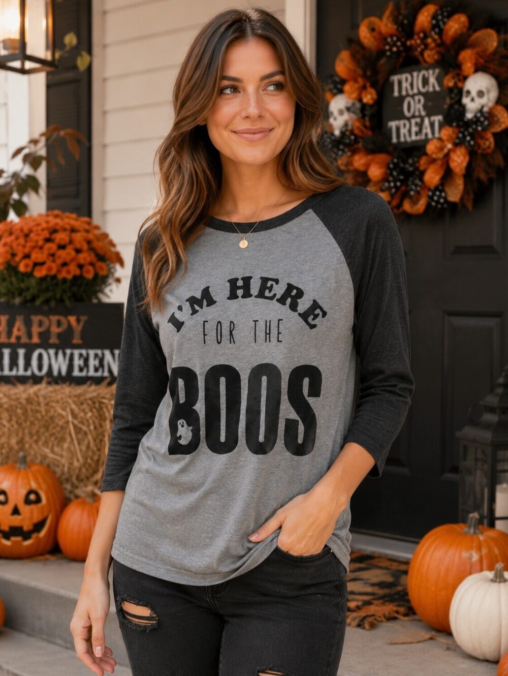 Bella + Canvas Medium "I'm Here For The Boos" Halloween Raglan Graphic Tee